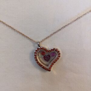 Floating Charm Locket Necklace Orange Rhinestone Memory Pendant Gold Tone T5B8E